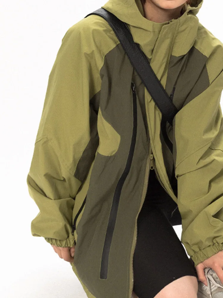 High Street Patchwork Hooded Jacket for Women | Vintage Double-Zipper Coat 4