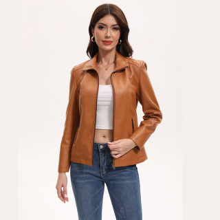 Women's Short Stretch Jacket | Leather Splicing Turn-Down Collar 4