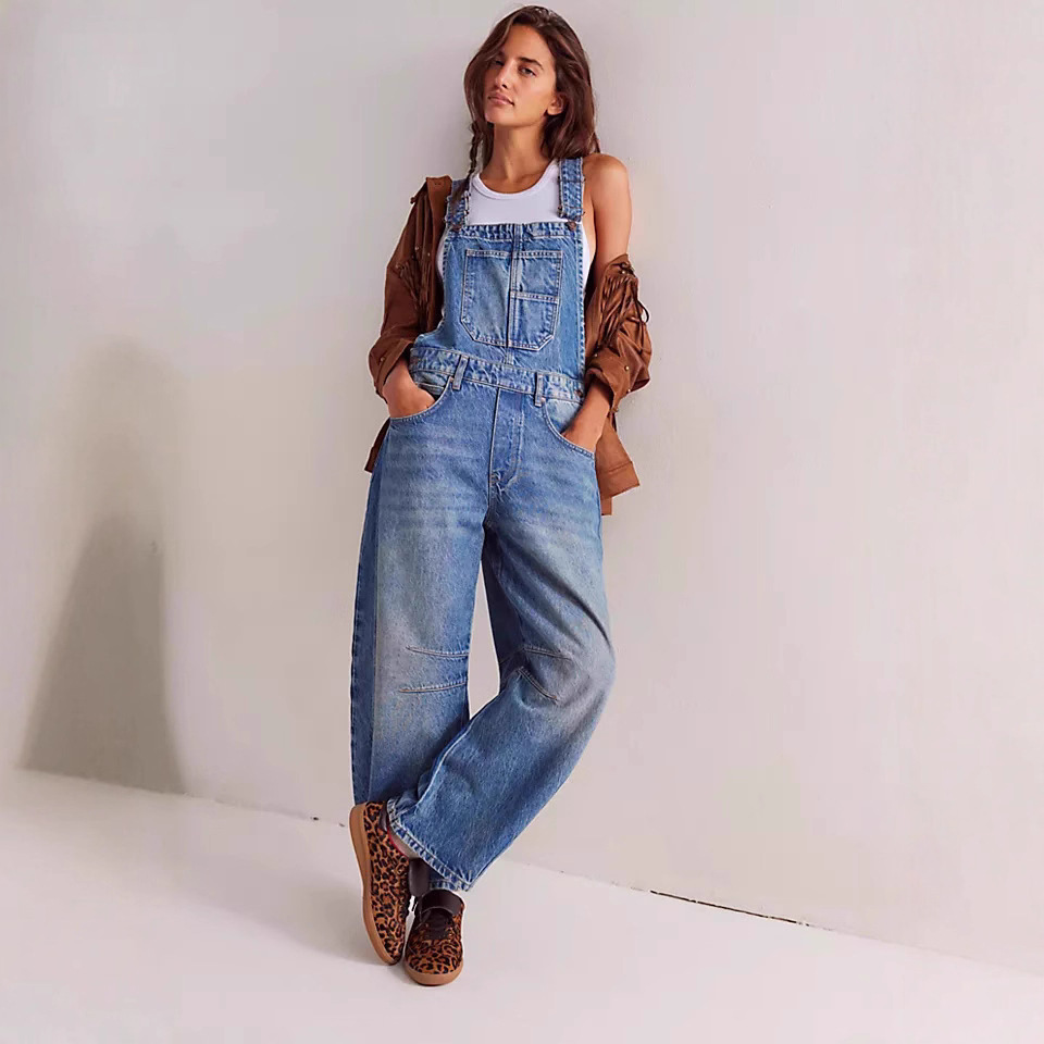 Street-Style Washed Vintage Loose Straight-Leg Denim Overalls