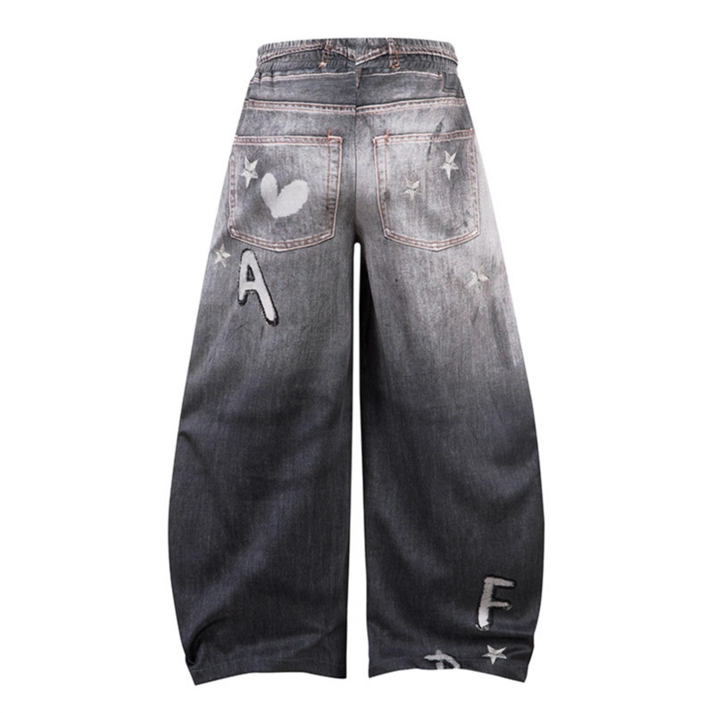 Hand-Painted Cow & Cat Wide-Leg Jeans for Women | Loose Straight Floor-Length