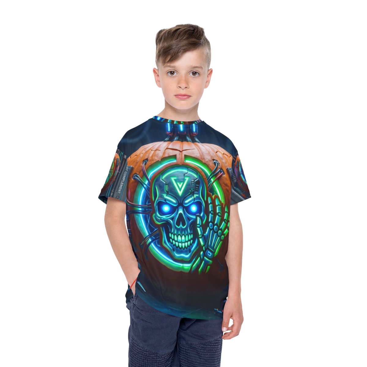 Neon Cyber Skull Pumpkin Kids Jersey