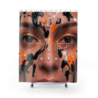 Abstract Painted Face Shower Curtain | Portrait, Orange & Black Drips 2
