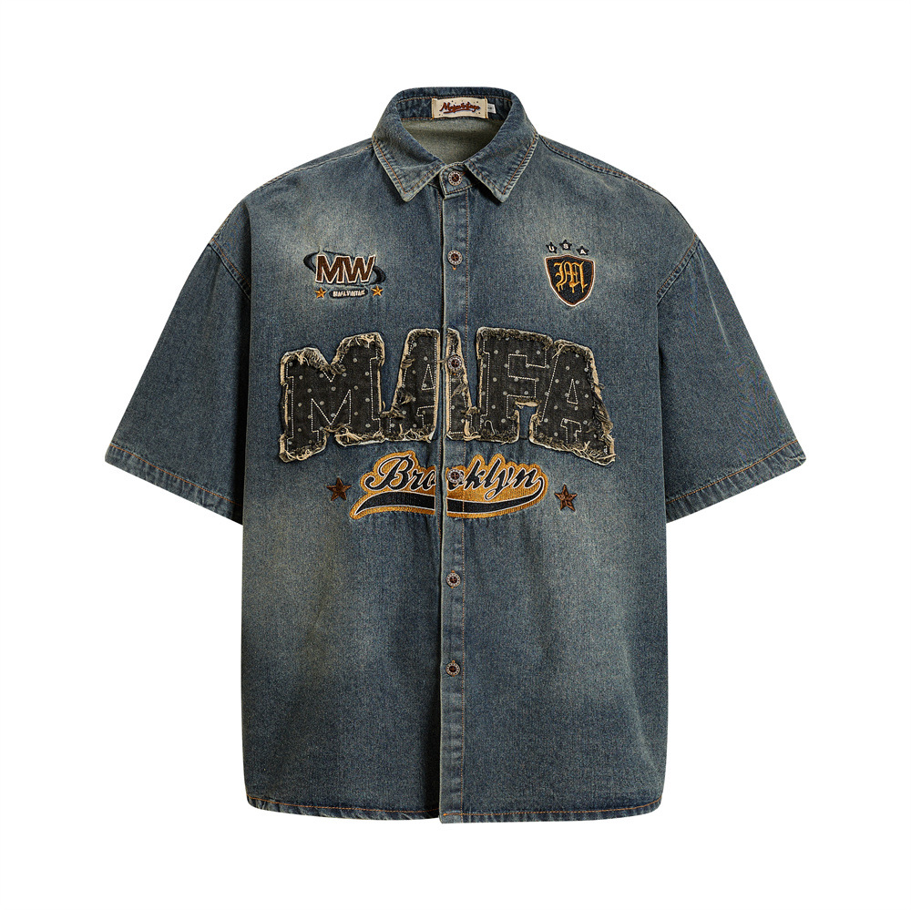 Embroidered Letter Denim Short Sleeve Shirt