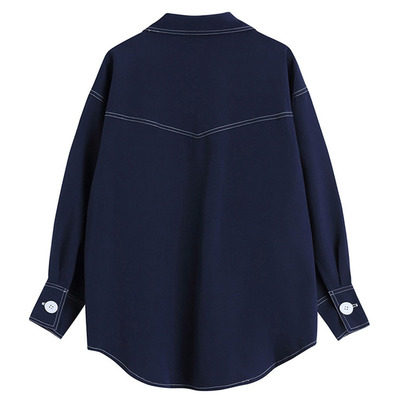 Women's White Line Big Pocket Denim Blouse | Lapel Long Sleeve Loose Shirt