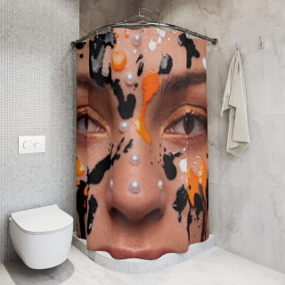 Abstract Painted Face Shower Curtain | Portrait, Orange & Black Drips 5