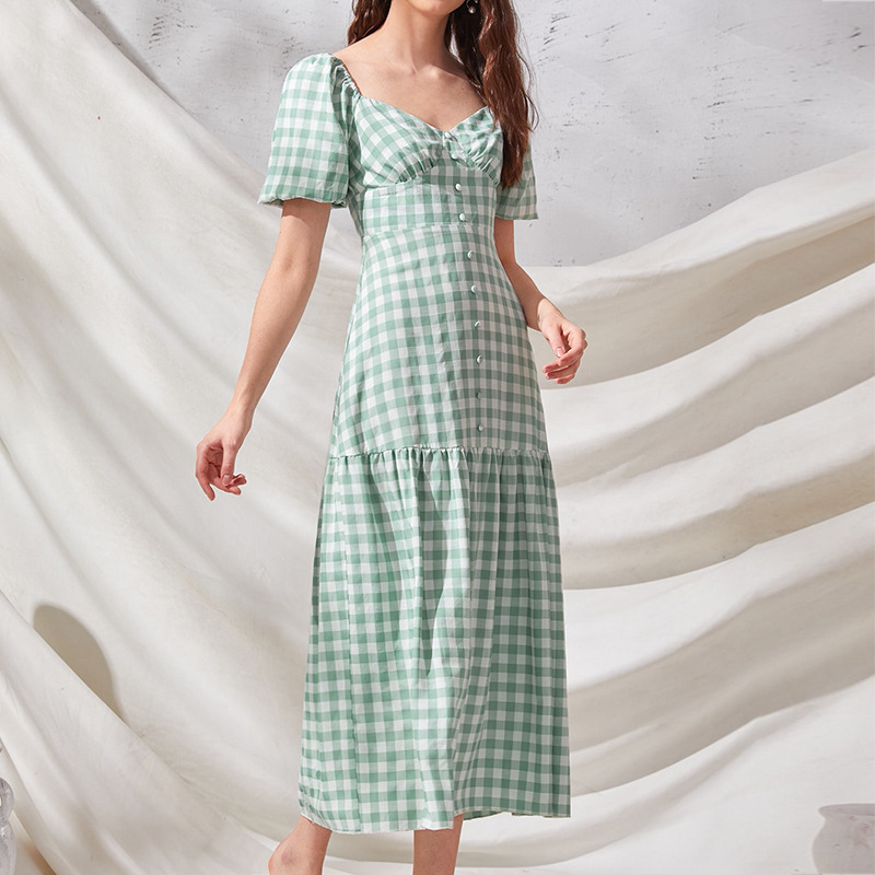 Plaid Puff Sleeve Long French Dress for Women