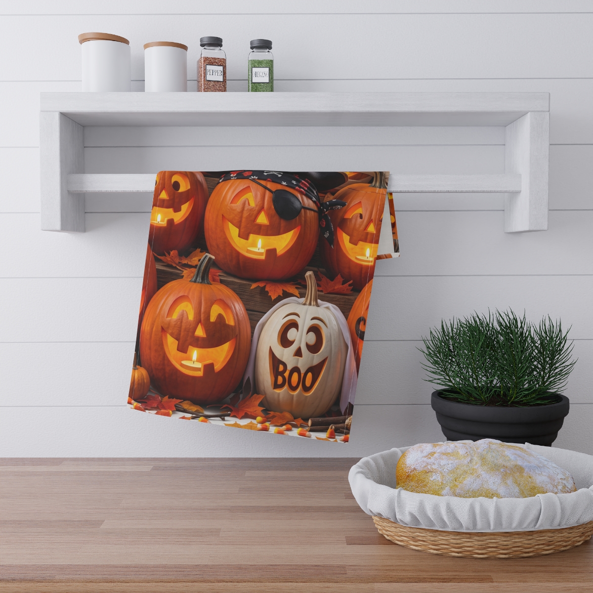 Jack-o'-Lantern Patchwork Tea Towel | Halloween Pumpkin Boo