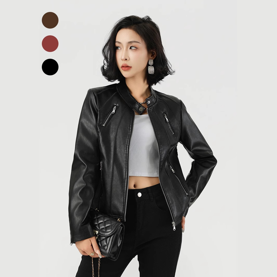 Women's Slim Fit Leather Jacket | Embroidered Detail