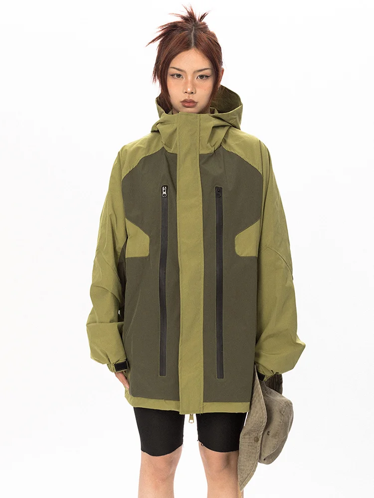 High Street Patchwork Hooded Jacket for Women | Vintage Double-Zipper Coat 1