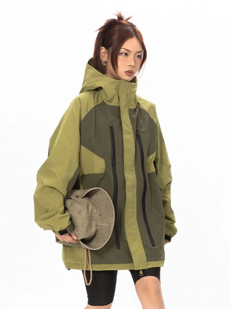 High Street Patchwork Hooded Jacket for Women | Vintage Double-Zipper Coat 2