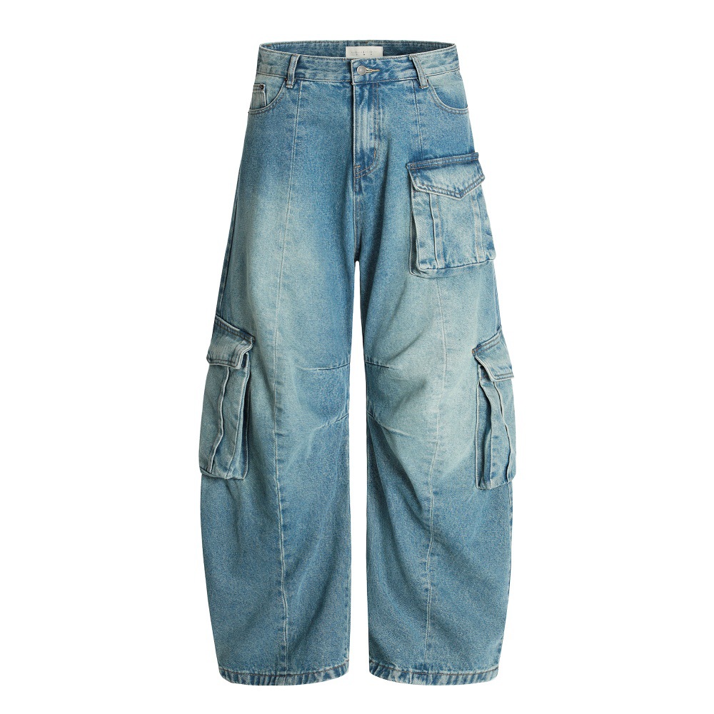 American-Style Washed Multi-Pocket Work Jeans, Wide Leg