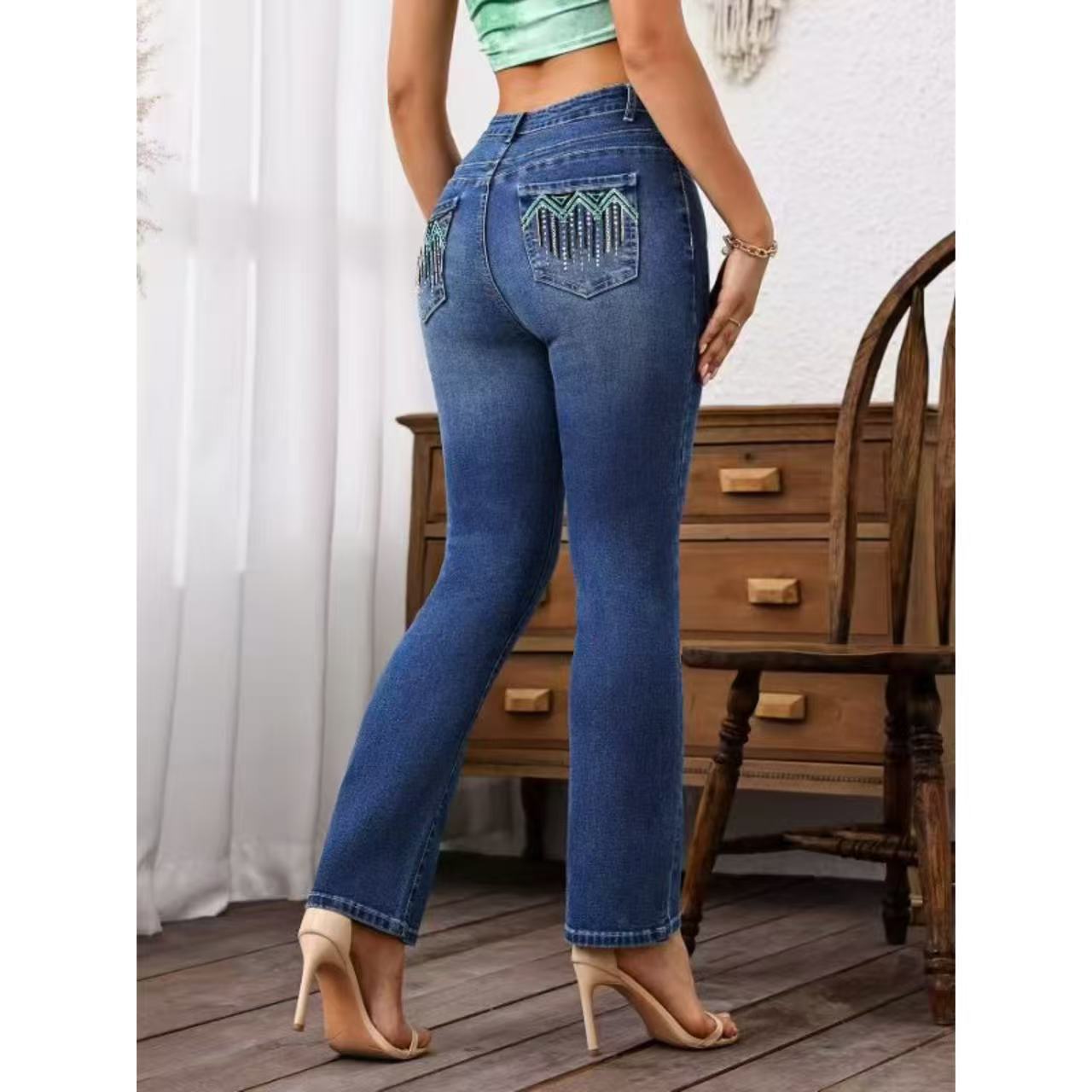 Classic Stretch Denim Jeans | Embroidered High Waist