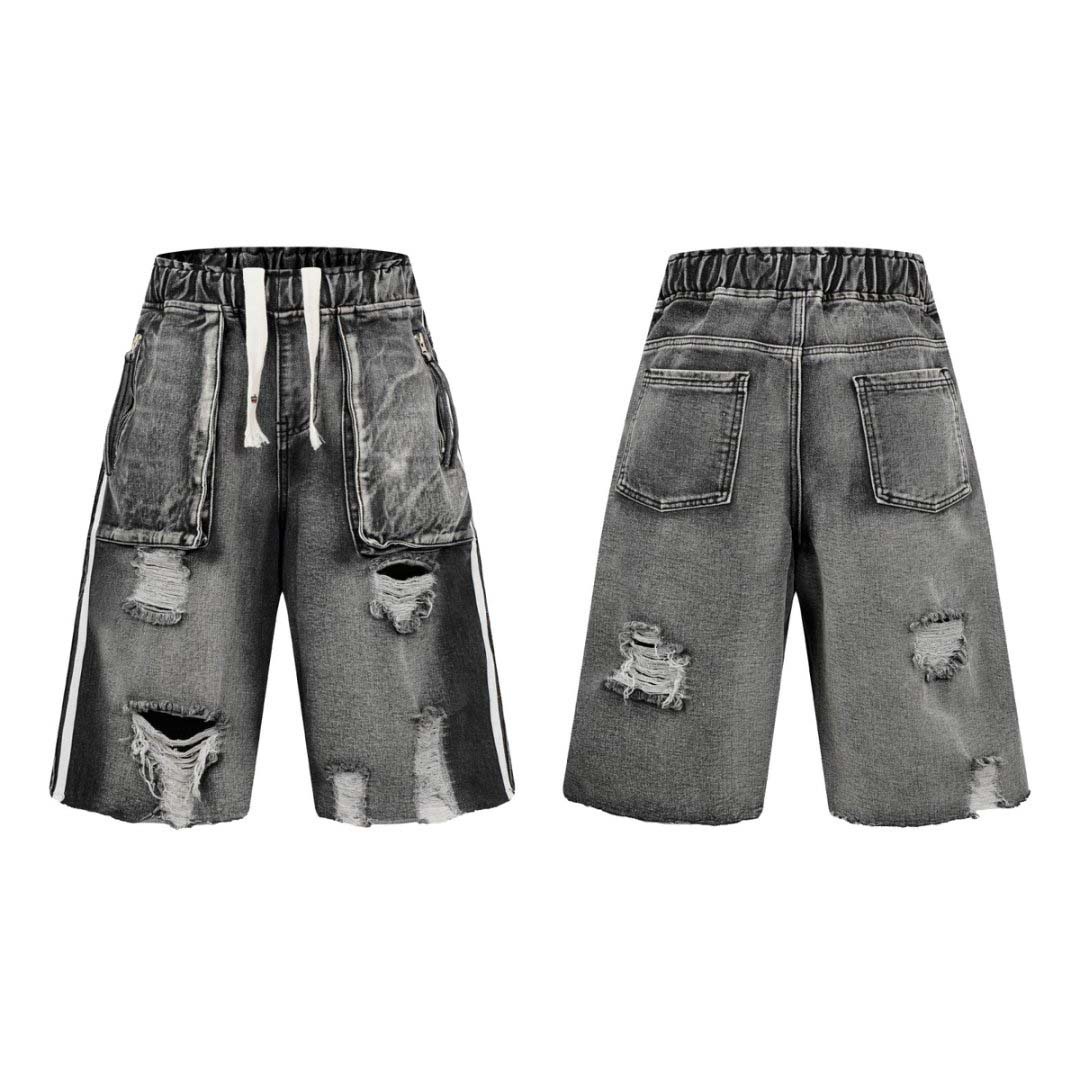 Unisex Retro Washed Striped Distressed Denim Shorts