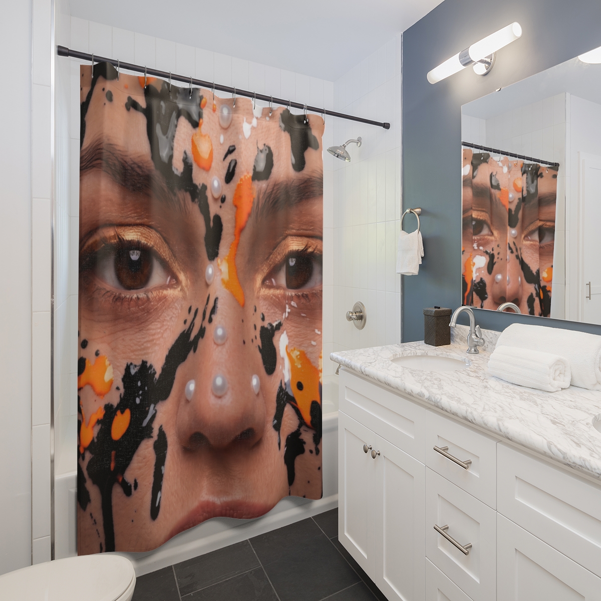 Abstract Painted Face Shower Curtain | Portrait, Orange & Black Drips