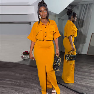 Summer Collared Shirt Top and Wrap Skirt Set