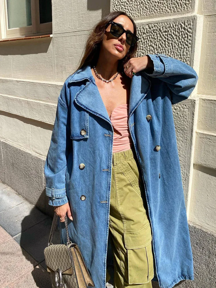 Long Denim Trench Coat for Women | Belted Waist Slim Jean Jacket 5