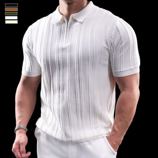 Striped Half-Zip Knit Polo Shirt for Men | Short Sleeve Flip Collar