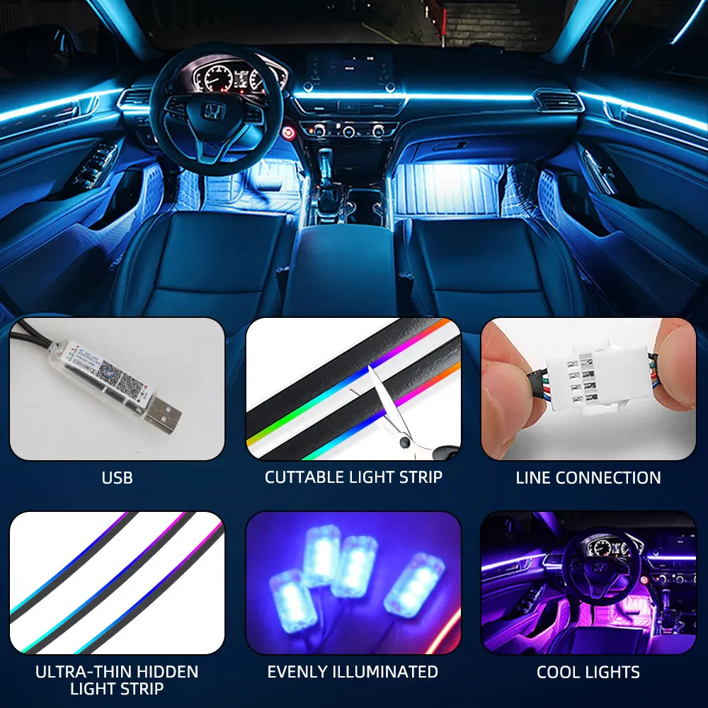 10-in-1 Car LED Acrylic Ambient Light Strip | RGB App/Remote Control 5