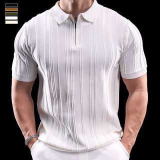 Striped Half-Zip Knit Polo Shirt for Men | Short Sleeve Flip Collar 6