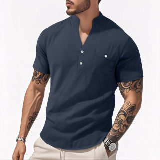 Men's Casual Cotton-Linen Short Sleeve Shirt | Stand Collar Henley 6