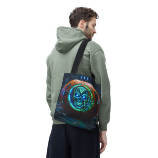 Cyber Pumpkin Skull Tote Bag | Neon Sci-Fi Halloween Tote 76