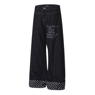 Cartoon Embroidery Polka Dot Denim Pants 6