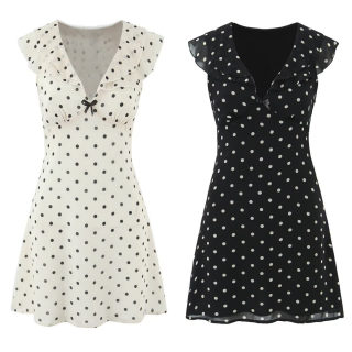 V-Neck Flutter Sleeve Wave Dot Ruffle Waist-Cinched Dress 5