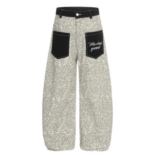 Leopard Print Denim Curved Cargo Pants