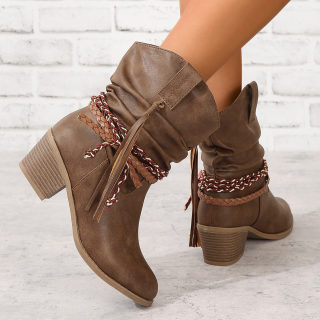Pleated Chunky Heel Stacked Boots with Tassels | Women's 6