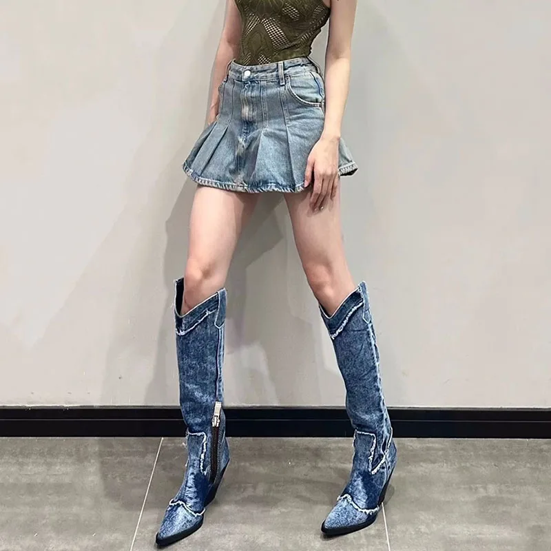 Side-Zip Denim Knee-High Boots for Women | Pointed Toe Western Style 4