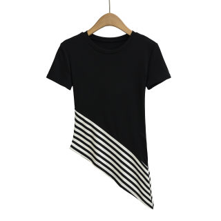 Striped Round Neck Diagonal Hem T-Shirt | Basic Casual 2