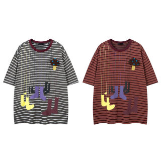 Retro Striped Cartoon Letter Print T-Shirt 5