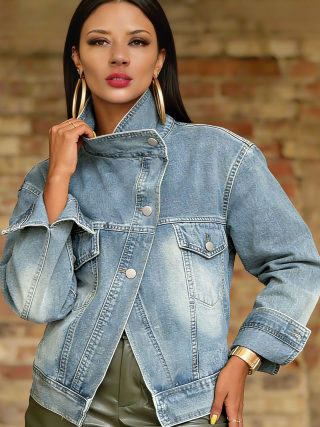Streetwear Biker Style Washed Denim Jacket | Stand Collar Retro 6