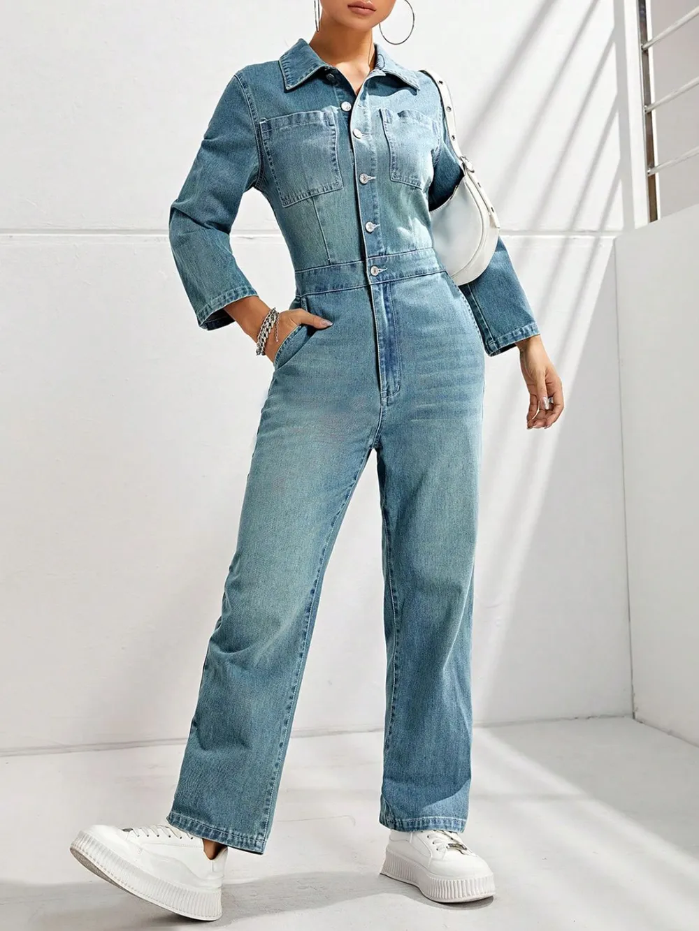 Half Button Straight Leg Denim Jumpsuit | Long Sleeve 4