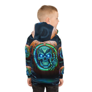 Neon Cyberpunk Pumpkin Skull Kids Hoodie 8
