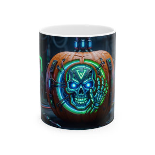 Neon Cyberpunk Pumpkin Skull Mug | Ceramic Coffee Cup