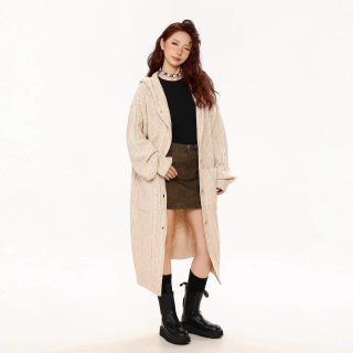 Women's Cable Knit Cardigan | Mid-Length Loose Fit Hooded
