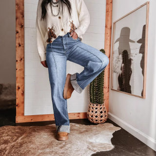 Women's High-Waist Slimming Cuffed Straight-Leg Jeans 2