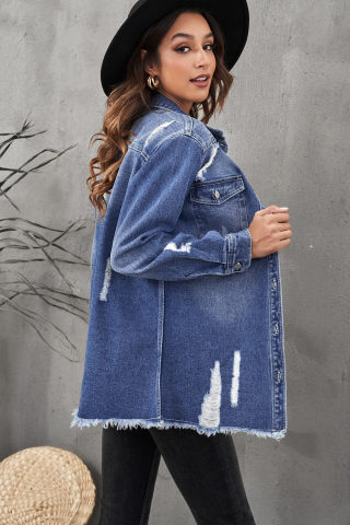Blue Distressed Denim Jacket with Front Pockets 2