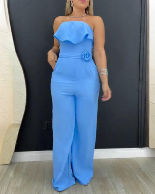 Women's One-Piece Jumpsuit Pants | Ruffled Strapless with Flower Waistband 6