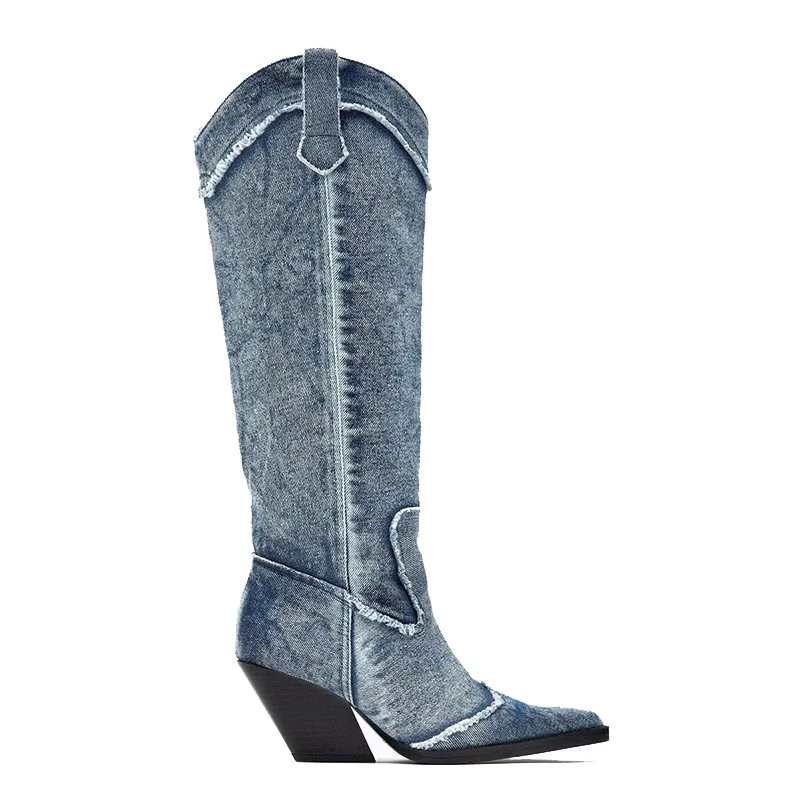 Side-Zip Denim Knee-High Boots for Women | Pointed Toe Western Style