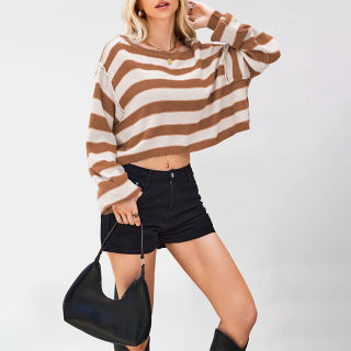 Hooded Striped Loose Short Knit Sweater 2
