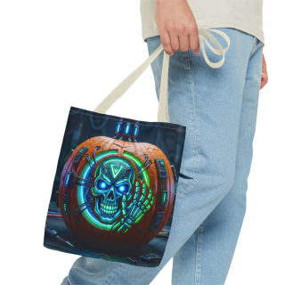 Cyber Pumpkin Skull Tote Bag | Neon Sci-Fi Halloween Tote 40