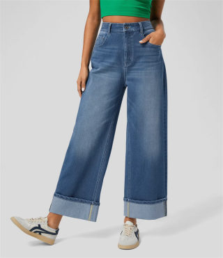Spring High-Waist Cuffed Straight-Leg Wide Pants 6