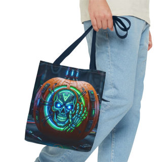 Cyber Pumpkin Skull Tote Bag | Neon Sci-Fi Halloween Tote 43