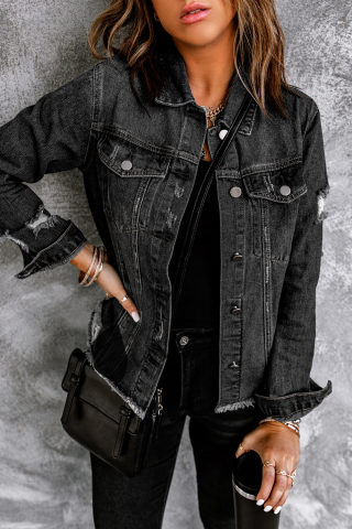 Sky Blue Lapel Collar Distressed Denim Jacket, Raw Hem 2