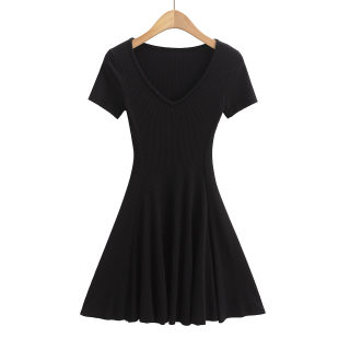 V-Neck Short Sleeve Knitted A-Line Dress 5