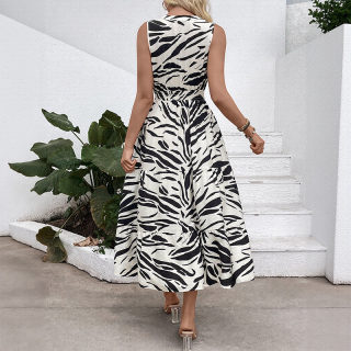 Elastic Waist Sleeveless Zebra Print Dress | V-Neck Midi Dress 4