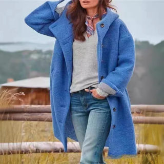 Fashionable Women's Wool Coat, Solid Color with Hood