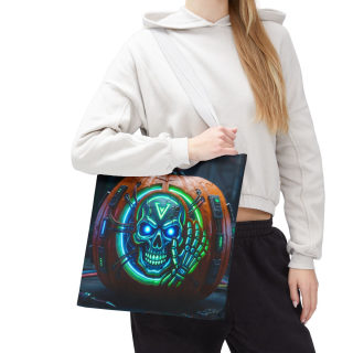 Cyber Pumpkin Skull Tote Bag | Neon Sci-Fi Halloween Tote 97